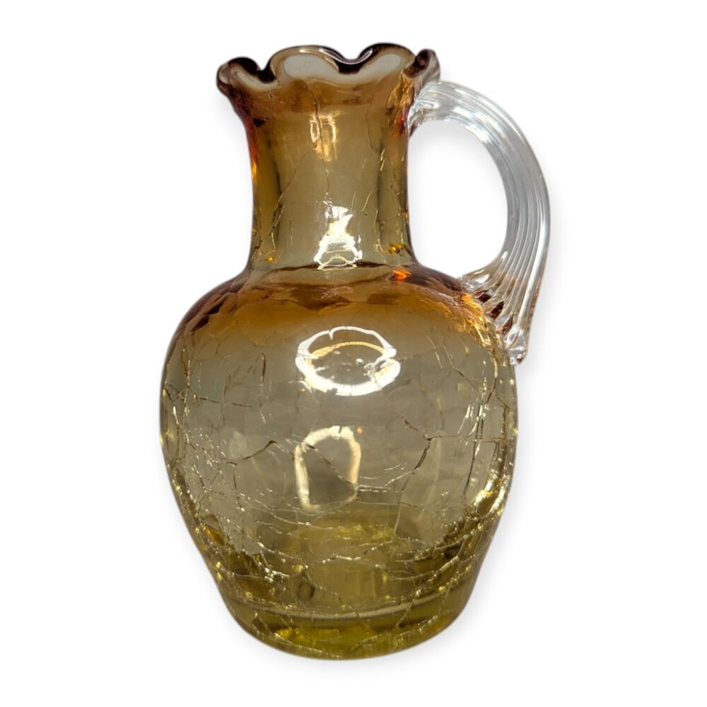 Pilgrim Honey Amber Crackle Glass Vase w/Applied Handle Ruffled Rim 4" Tall